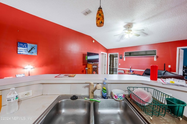 kitchen with a textured ceiling, sink, and vaulted ceiling