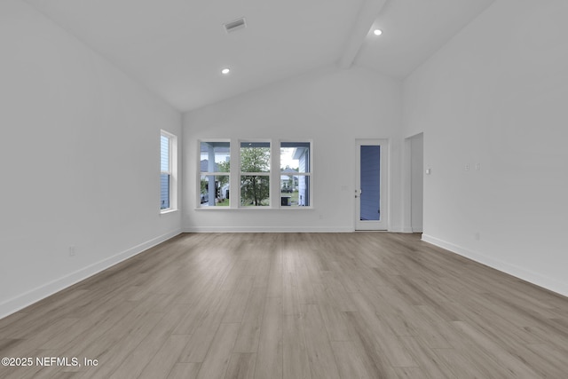 166 Blue Hampton Dr, Ponte Vedra, FL 32081 - empty room with beam ceiling, light wood-style floors, baseboards, high vaulted ceiling, and recessed lighting