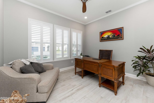 office with ceiling fan and crown molding