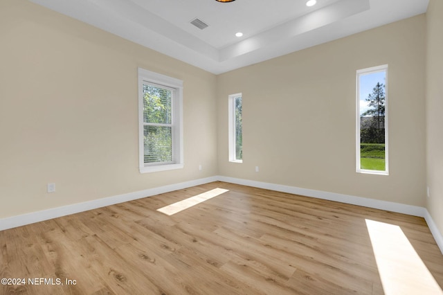 empty room with light wood-type flooring and a tray ceiling