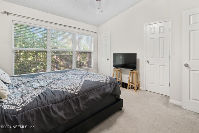 bedroom with carpet flooring, ceiling fan, a textured ceiling, and vaulted ceiling