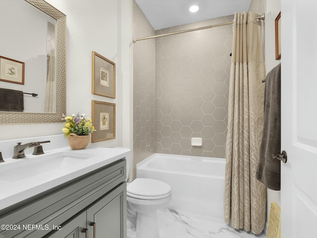 full bathroom with vanity, toilet, and shower / bathtub combination with curtain