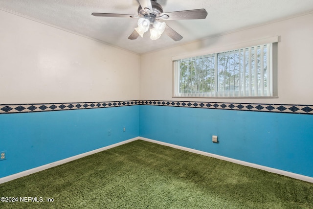 carpeted empty room featuring ceiling fan, ornamental molding, and a textured ceiling