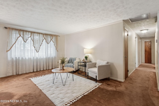 living area with crown molding, carpet, and a textured ceiling