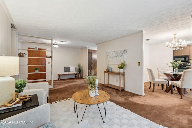 carpeted living room with a textured ceiling, crown molding, and a notable chandelier