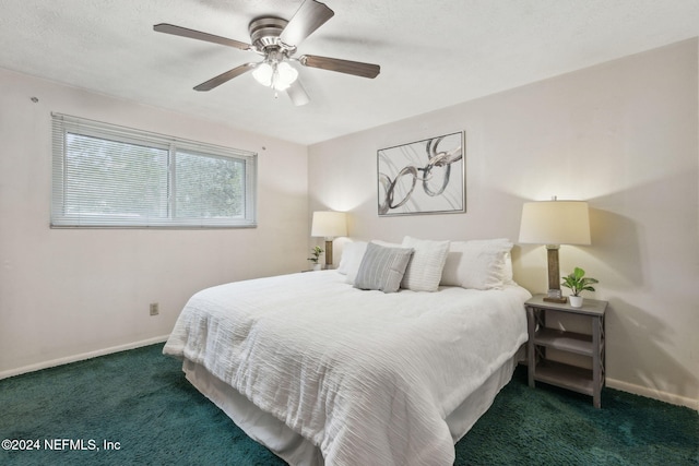 bedroom featuring ceiling fan and dark carpet