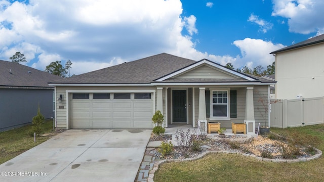 view of front facade featuring a porch, a garage, and a front yard