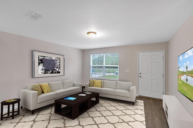 living room with a textured ceiling and light wood-type flooring