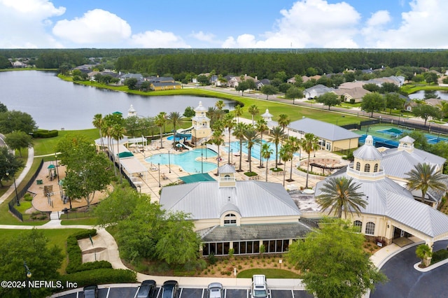 bird's eye view with a water view