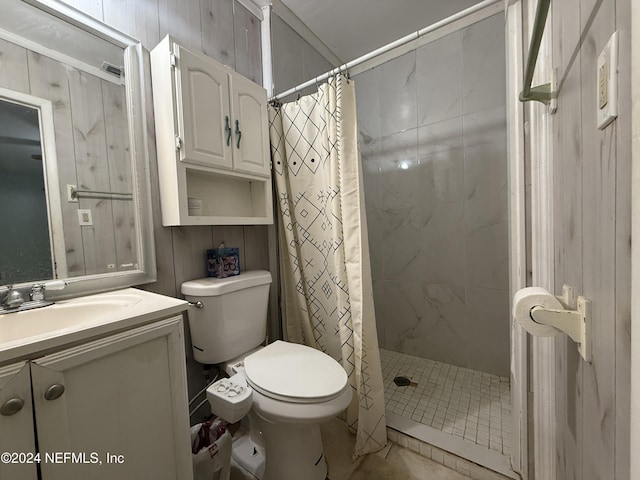 bathroom featuring wooden walls, vanity, and a shower with shower curtain