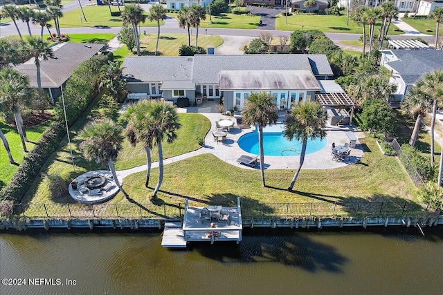 bird's eye view with a water view