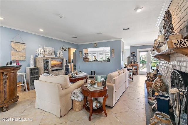 living room with a fireplace, light tile patterned floors, and ornamental molding