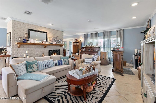 living room featuring a brick fireplace, light tile patterned flooring, and ornamental molding