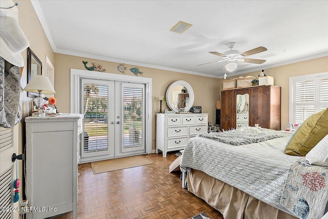 bedroom featuring parquet flooring, french doors, access to exterior, ornamental molding, and ceiling fan