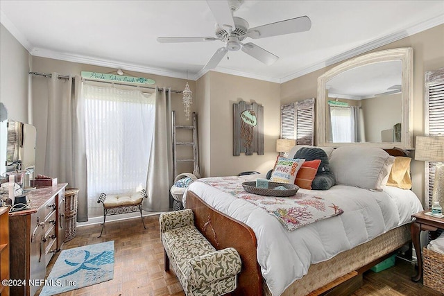 bedroom featuring ceiling fan, dark parquet flooring, and crown molding