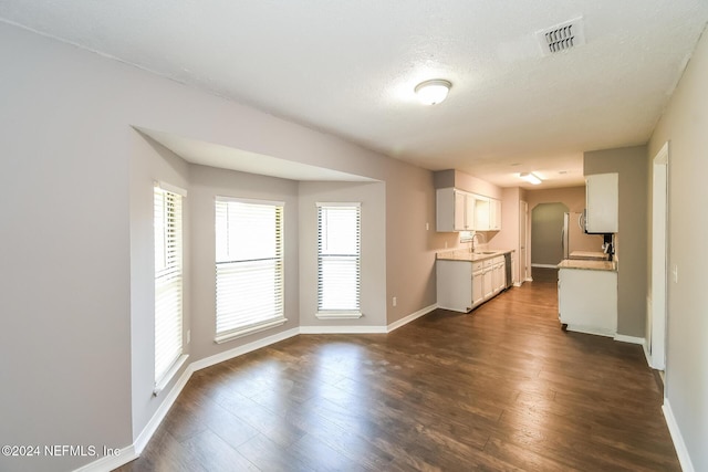 unfurnished living room featuring a textured ceiling, dark hardwood / wood-style floors, and sink