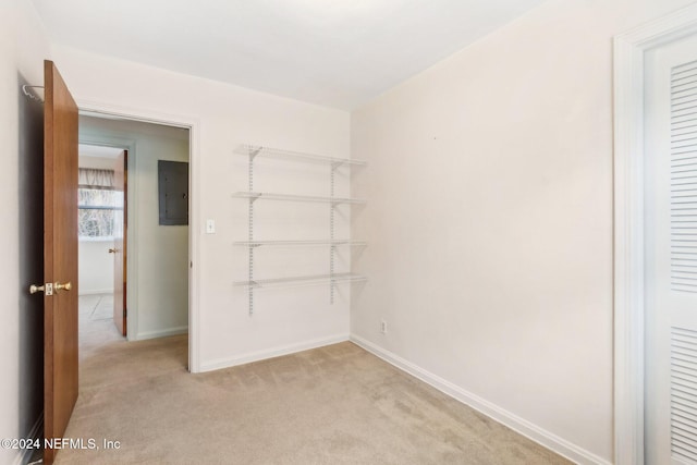 unfurnished room with light colored carpet and electric panel