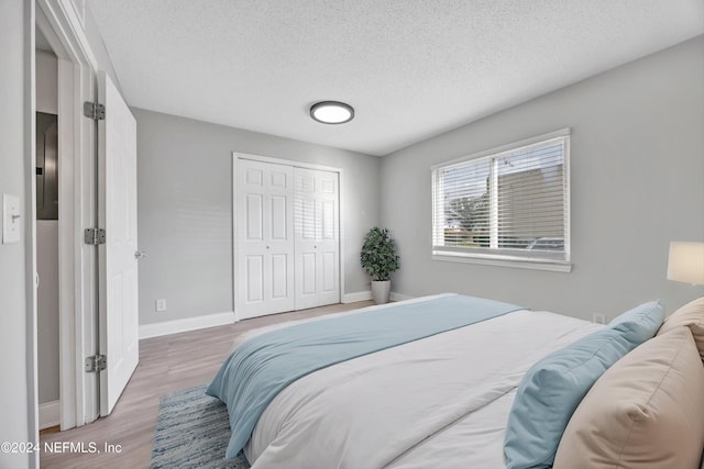 bedroom featuring a closet, wood-type flooring, and a textured ceiling