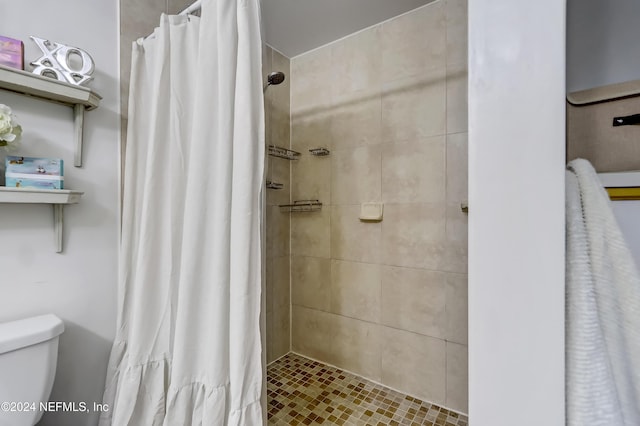 bathroom with a shower with curtain and toilet