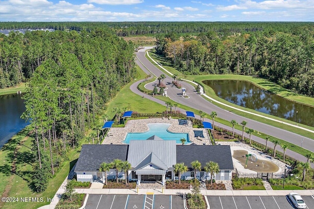 aerial view featuring a water view