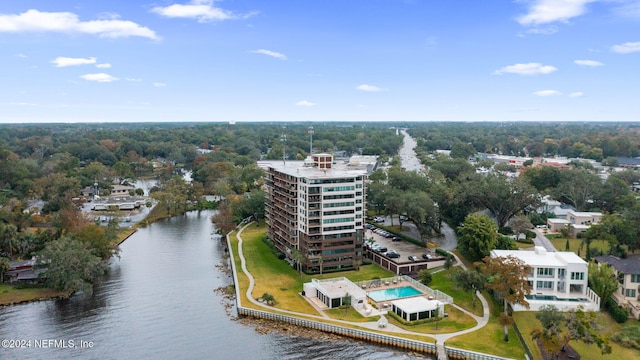 aerial view featuring a water view