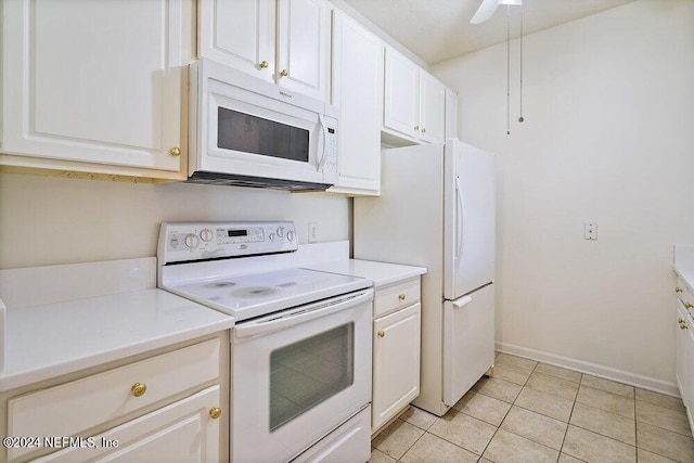 kitchen with white cabinetry, light tile patterned flooring, ceiling fan, and white appliances