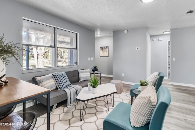 living room with wood-type flooring and a textured ceiling