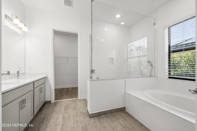 bathroom featuring vanity and plus walk in shower