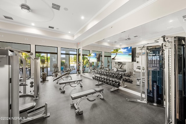 exercise room featuring a tray ceiling