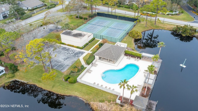 drone / aerial view with a water view