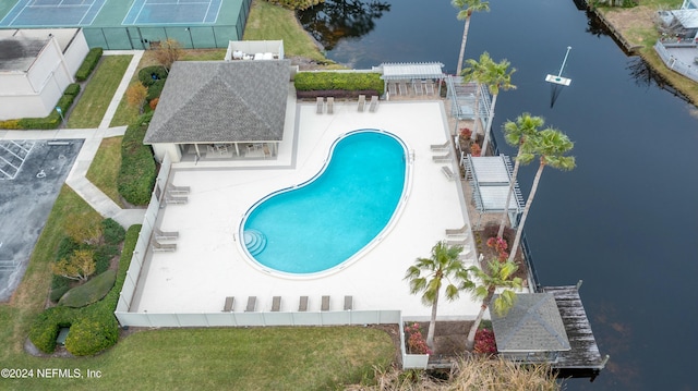 drone / aerial view featuring a water view