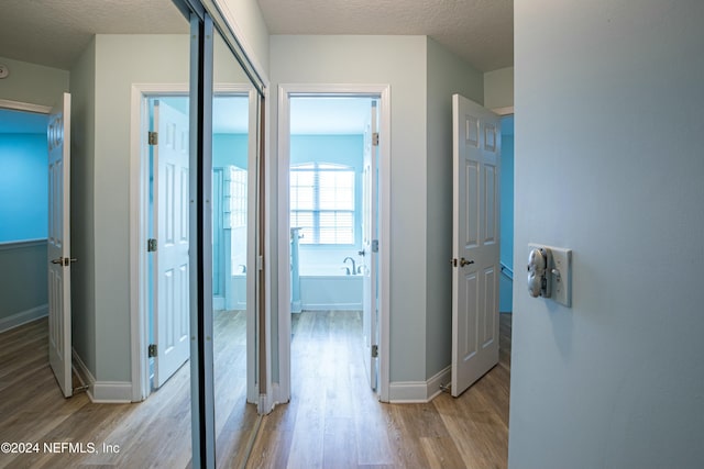 corridor featuring a textured ceiling and light hardwood / wood-style flooring