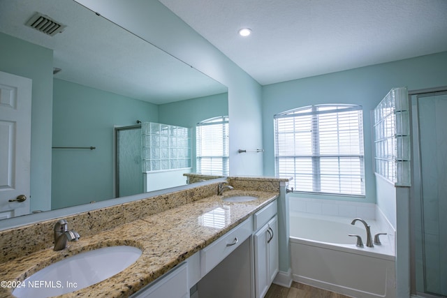 bathroom featuring separate shower and tub, vanity, and hardwood / wood-style flooring