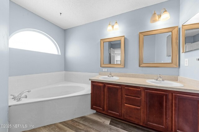 3130 Haverhill Ct, Green Cove Springs, FL 32043 - bathroom featuring wood finished floors, a textured ceiling, a garden tub, and a sink