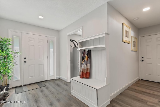 mudroom featuring a textured ceiling and light hardwood / wood-style floors