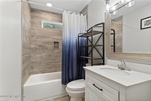 full bathroom with vanity, toilet, and shower / bathtub combination with curtain