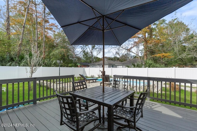 wooden deck with a lawn and a fenced in pool