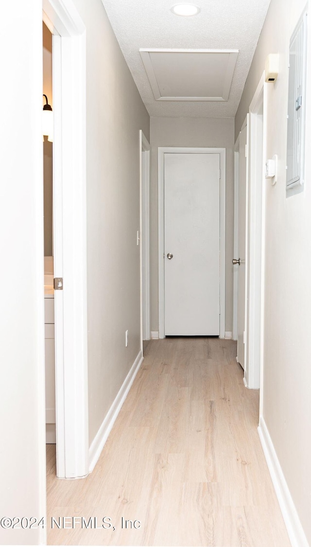 corridor featuring light hardwood / wood-style floors, a textured ceiling, and electric panel