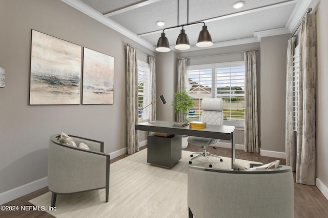 office space featuring ornamental molding and light hardwood / wood-style flooring