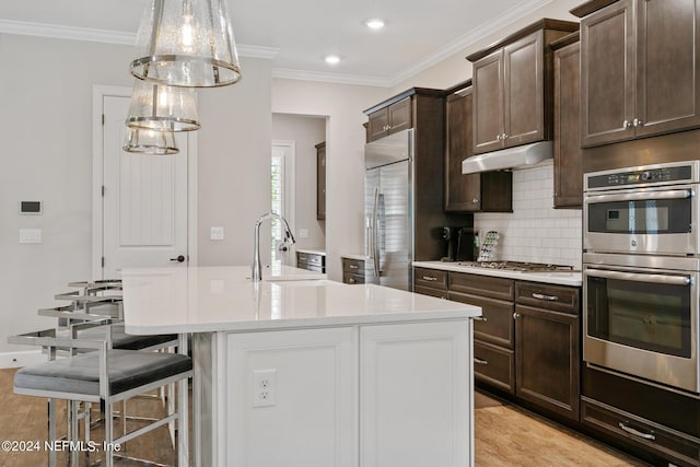 kitchen featuring crown molding, light wood-type flooring, appliances with stainless steel finishes, an island with sink, and decorative backsplash