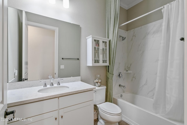 full bathroom with vanity, shower / bath combination with curtain, and toilet