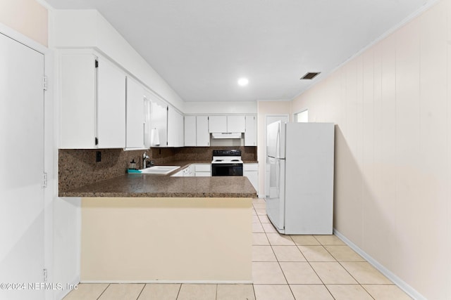 kitchen with kitchen peninsula, decorative backsplash, white appliances, sink, and white cabinetry