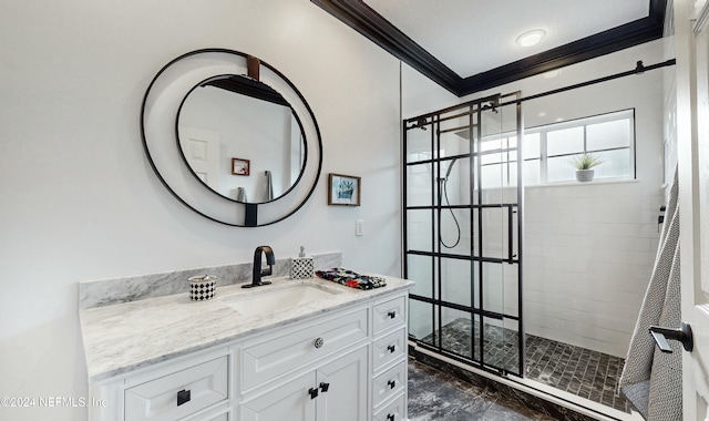 bathroom featuring tiled shower, vanity, and ornamental molding