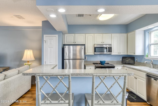 kitchen with a textured ceiling, dark hardwood / wood-style flooring, sink, and appliances with stainless steel finishes