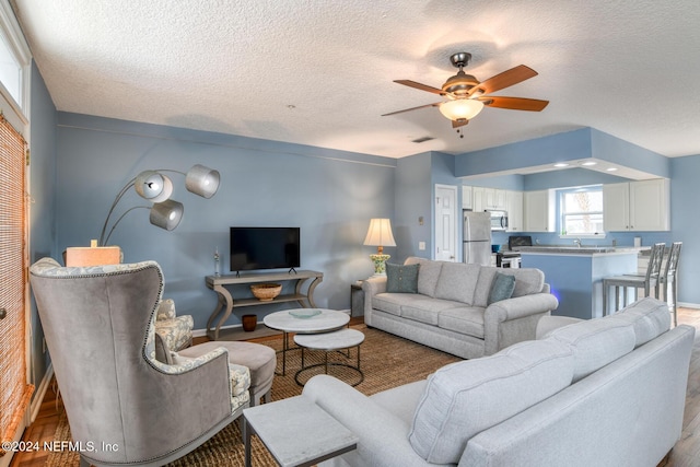 living room featuring hardwood / wood-style floors, a textured ceiling, and ceiling fan