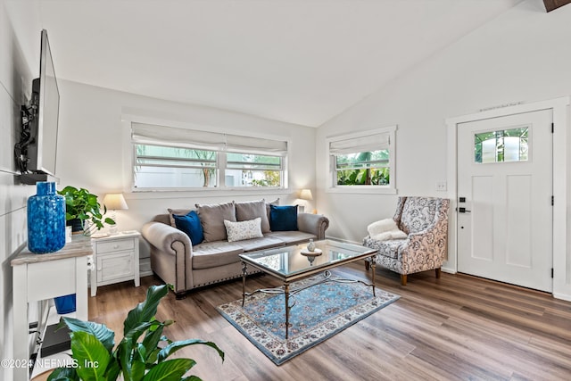 living room featuring wood-type flooring and vaulted ceiling