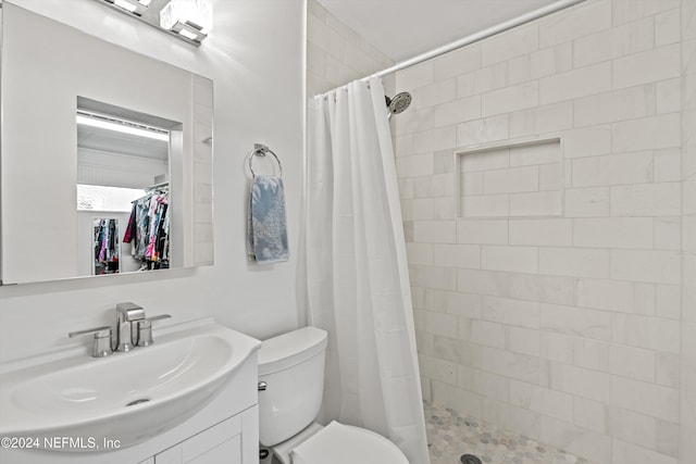 bathroom with vanity, curtained shower, and toilet