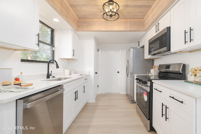 kitchen featuring white cabinets, stainless steel appliances, a tray ceiling, and sink