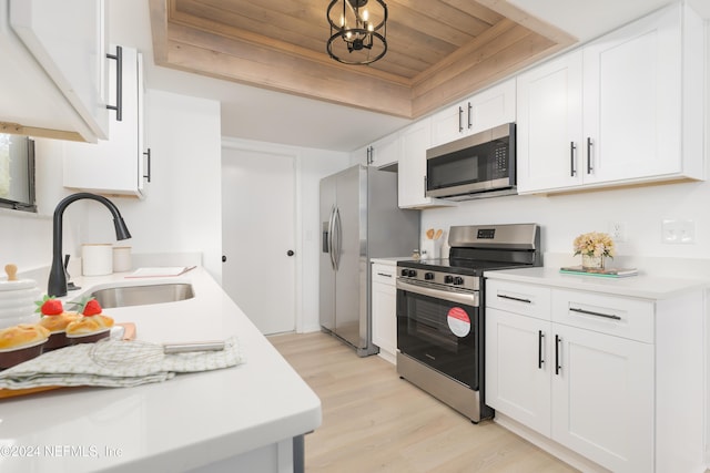 kitchen with stainless steel appliances, sink, wooden ceiling, white cabinets, and light hardwood / wood-style floors