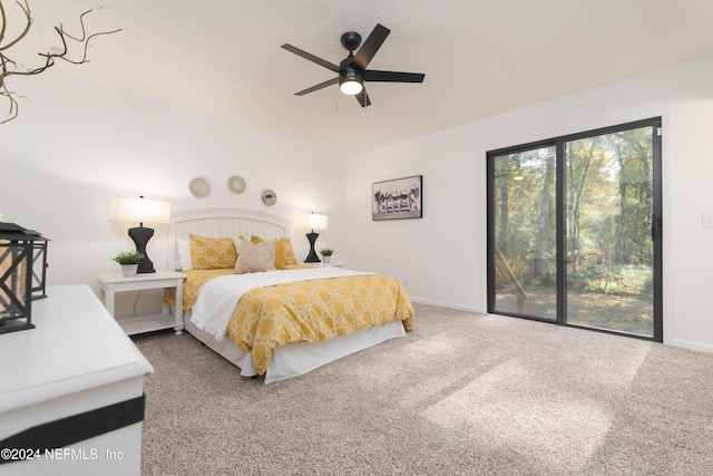 bedroom featuring carpet, ceiling fan, and access to exterior